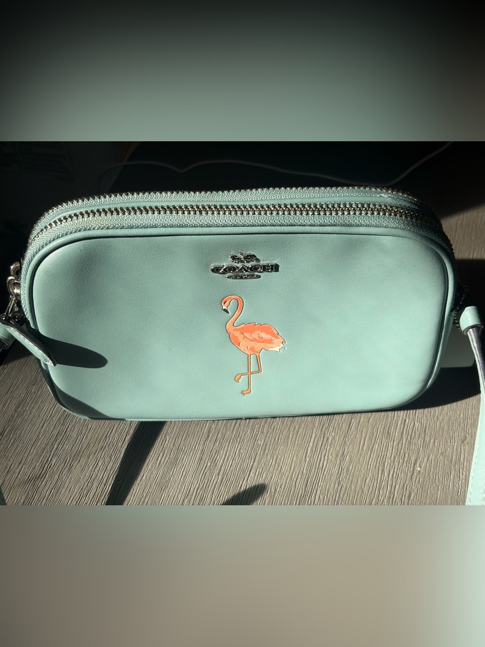 Coach 4513 Aquamarine Flamingo Leather Double Zip Crossbody Bag EUC